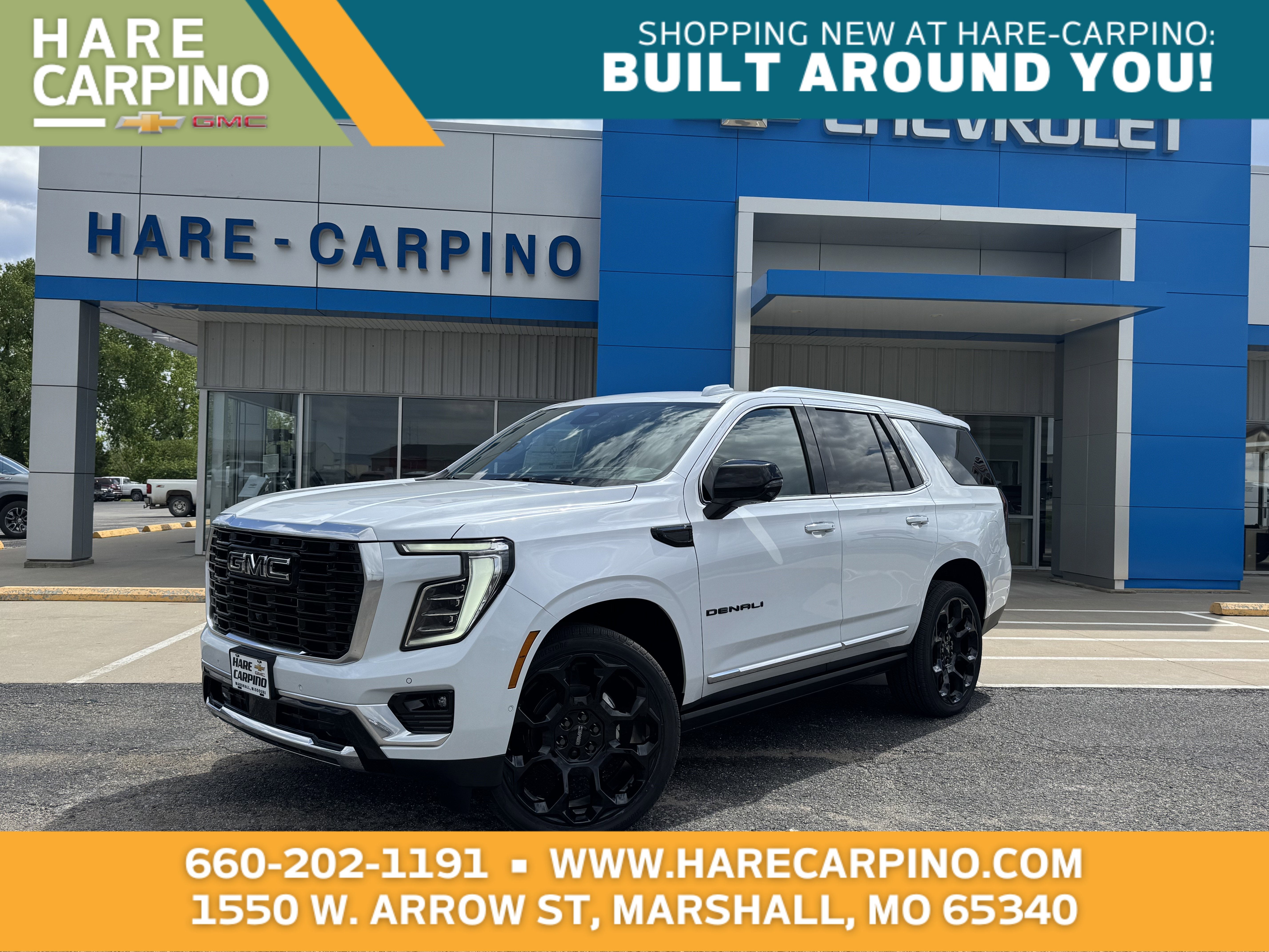 2026 GMC Yukon Denali in Glacier White Tricoat — front three-quarter view